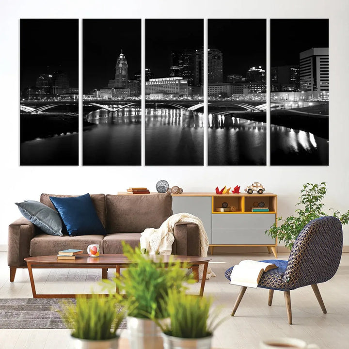 Black and White Columbus Skyline Canvas Art Print Modern Cityscape Wall Art