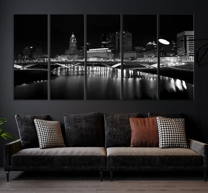 Black and White Columbus Skyline Canvas Art Print Modern Cityscape Wall Art