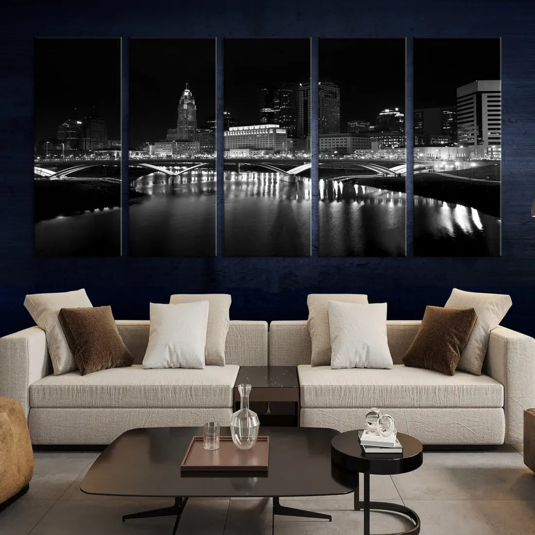 Black and White Columbus Skyline Canvas Art Print Modern Cityscape Wall Art