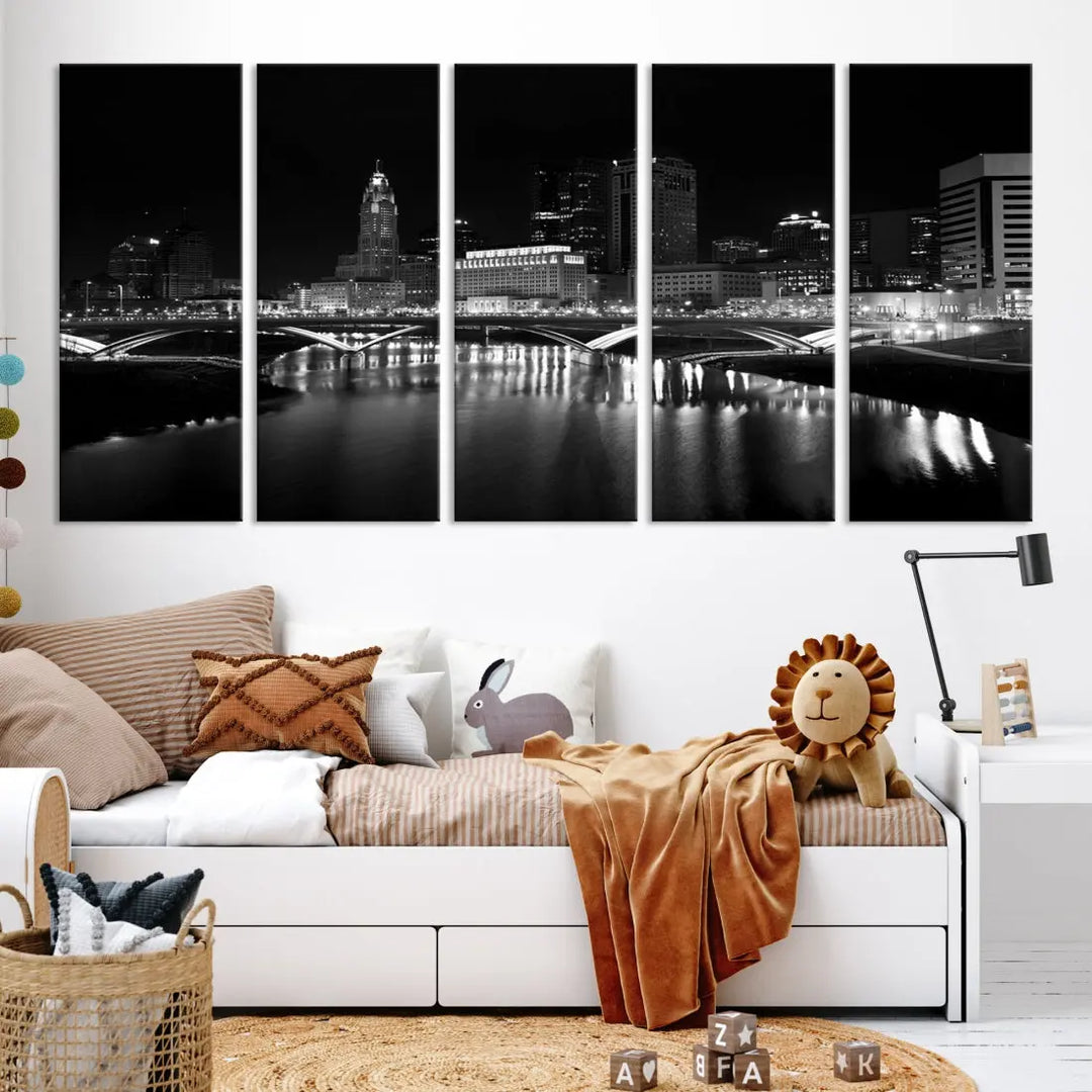 Black and White Columbus Skyline Canvas Art Print Modern Cityscape Wall Art