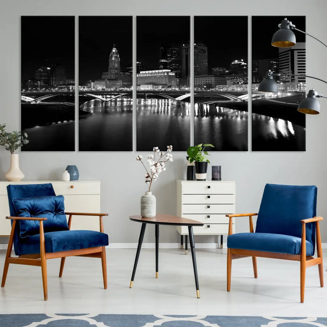 Black and White Columbus Skyline Canvas Art Print Modern Cityscape Wall Art