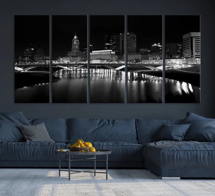 Black and White Columbus Skyline Canvas Art Print Modern Cityscape Wall Art