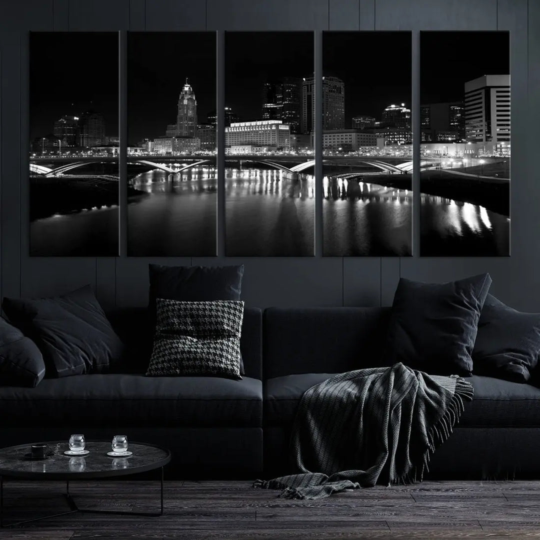 Black and White Columbus Skyline Canvas Art Print Modern Cityscape Wall Art