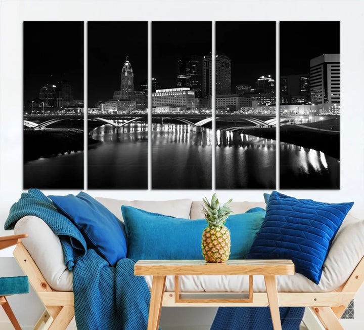 Black and White Columbus Skyline Canvas Art Print Modern Cityscape Wall Art