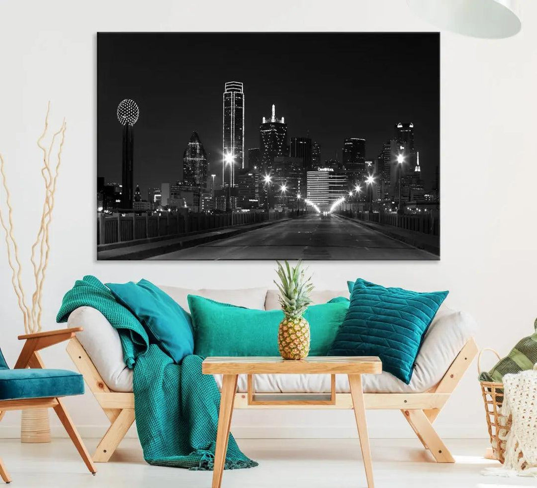 Black and White Dallas City Picture Printed on Original Canvas Wall Art Print