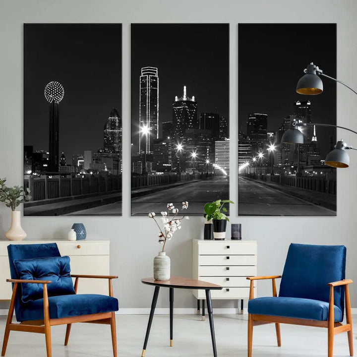 Black and White Dallas City Picture Printed on Original Canvas Wall Art Print