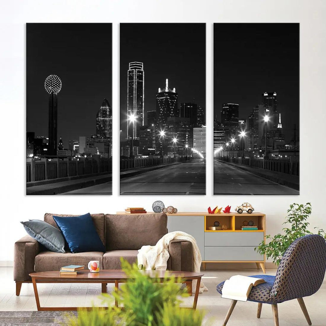 Black and White Dallas City Picture Printed on Original Canvas Wall Art Print