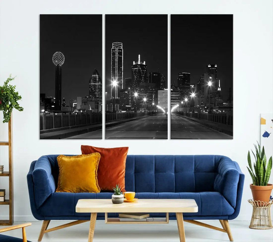 Black and White Dallas City Picture Printed on Original Canvas Wall Art Print