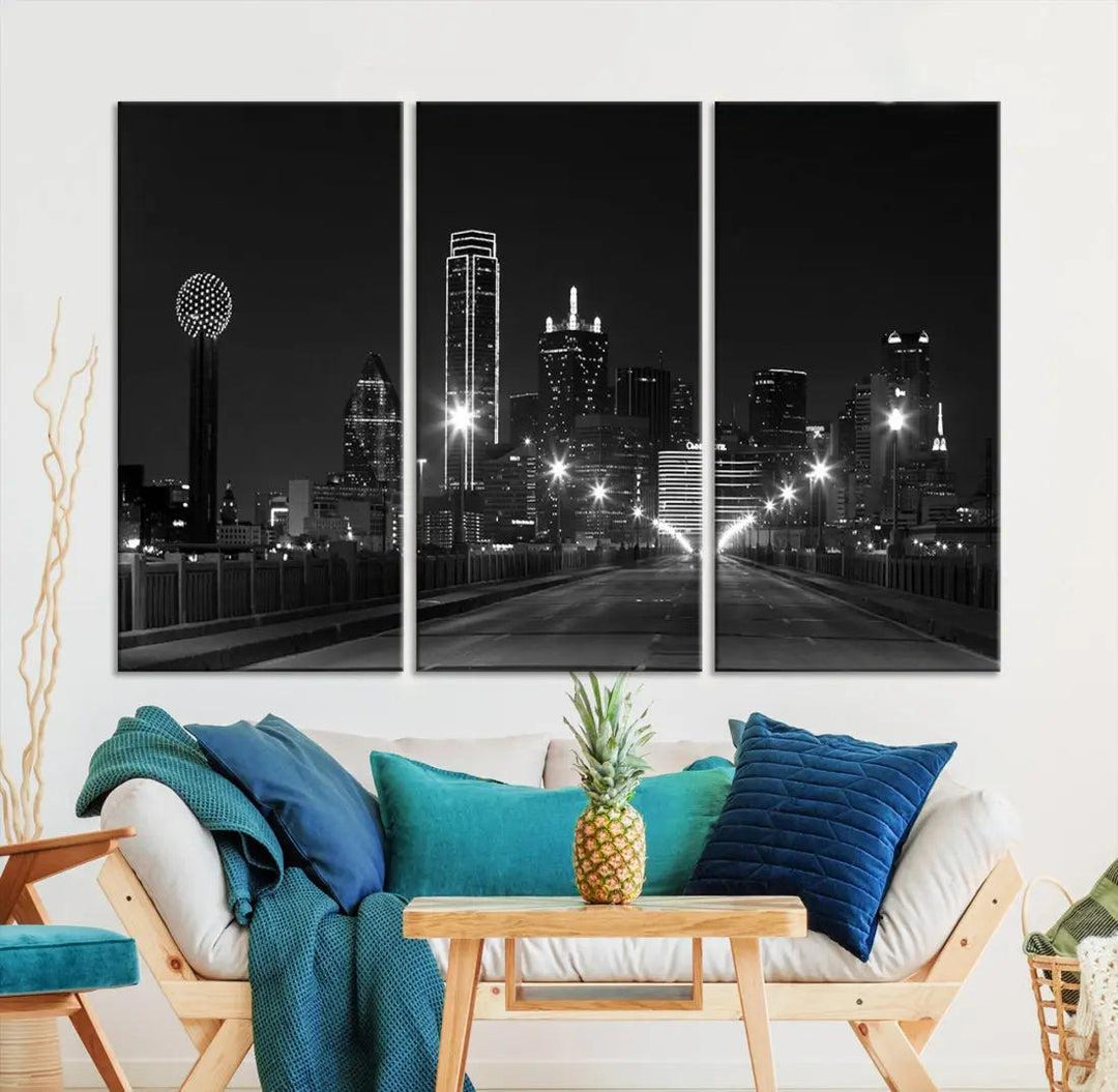 Black and White Dallas City Picture Printed on Original Canvas Wall Art Print