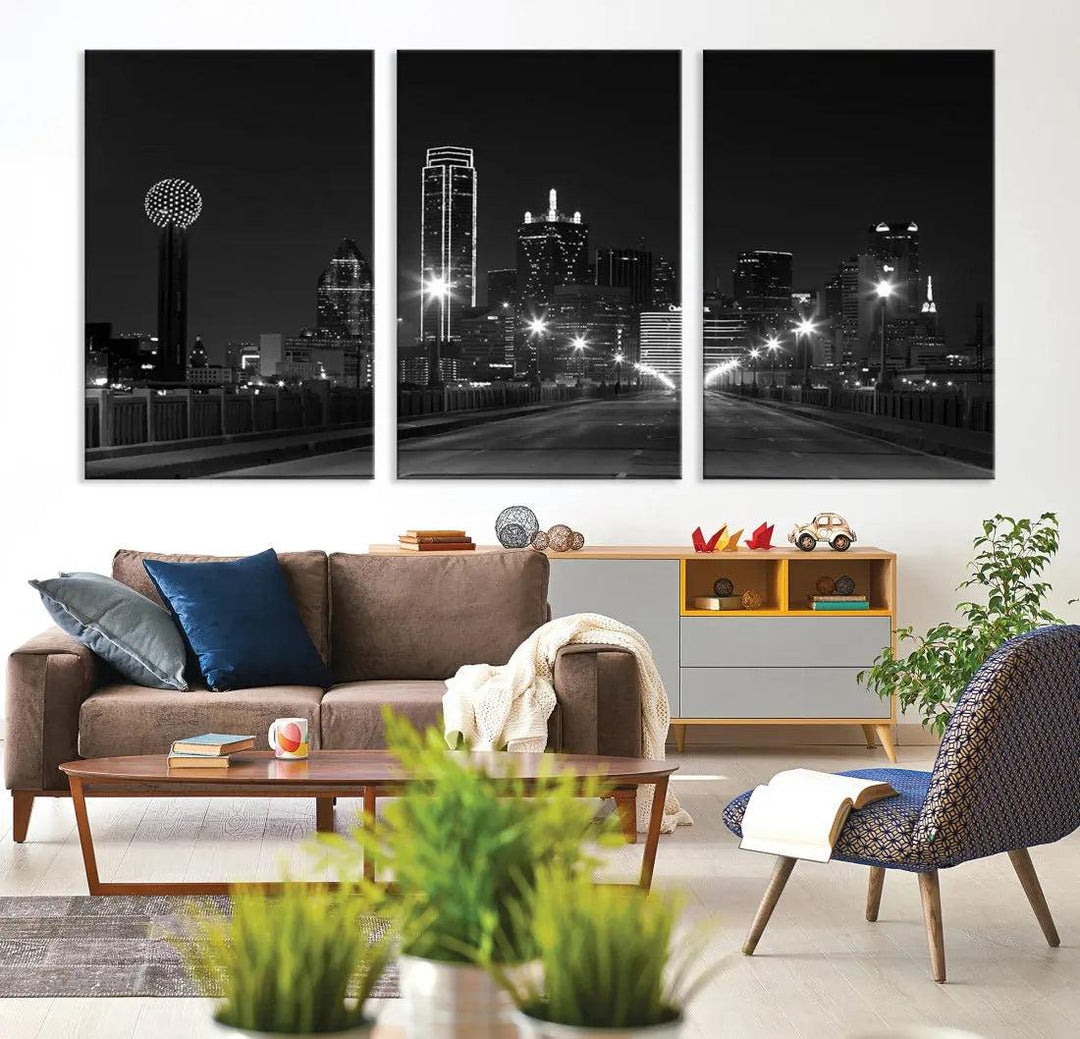 Black and White Dallas City Picture Printed on Original Canvas Wall Art Print