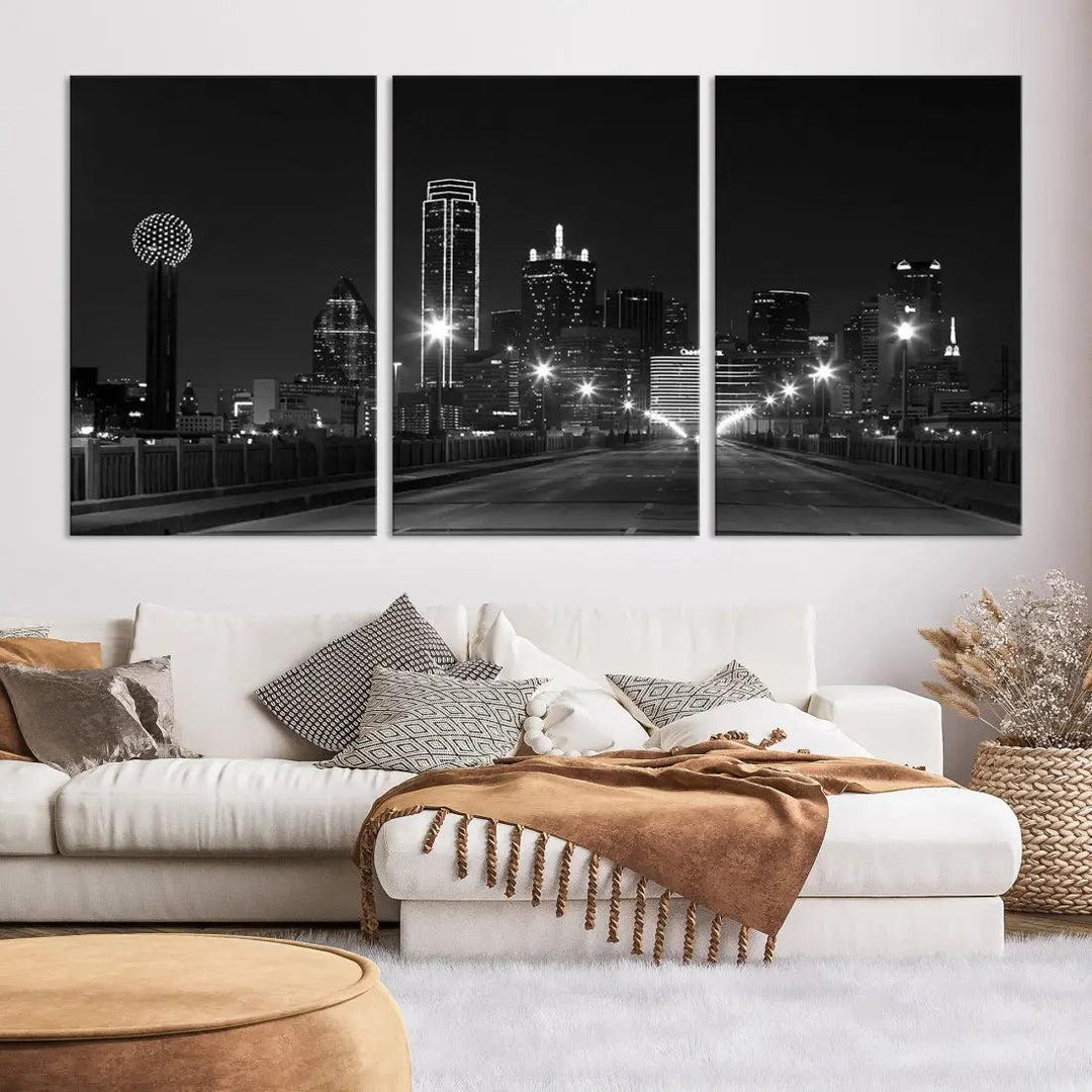 Black and White Dallas City Picture Printed on Original Canvas Wall Art Print