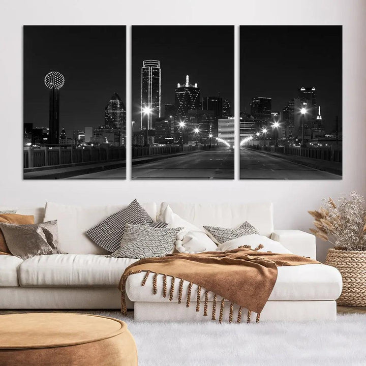 Black and White Dallas City Picture Printed on Original Canvas Wall Art Print