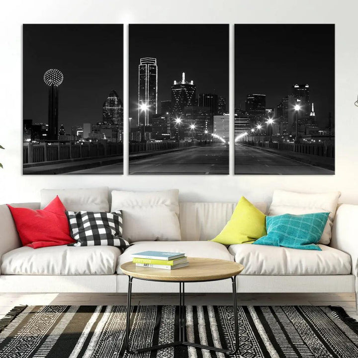 Black and White Dallas City Picture Printed on Original Canvas Wall Art Print