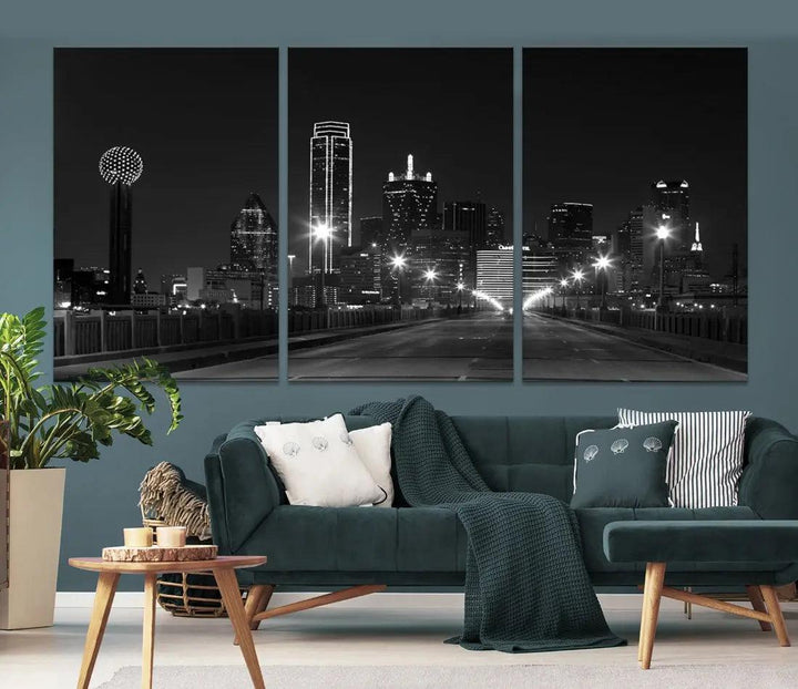 Black and White Dallas City Picture Printed on Original Canvas Wall Art Print