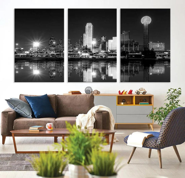 Black and White Dallas Skyline Canvas Art Print Cityscape Art Framed