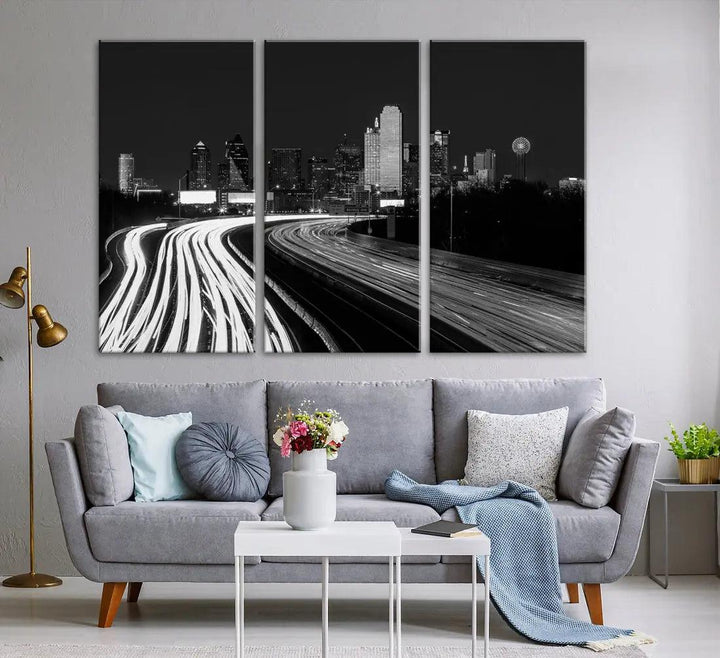 Black and White Dallas Skyline Canvas Wall Art Cityscape Print Framed