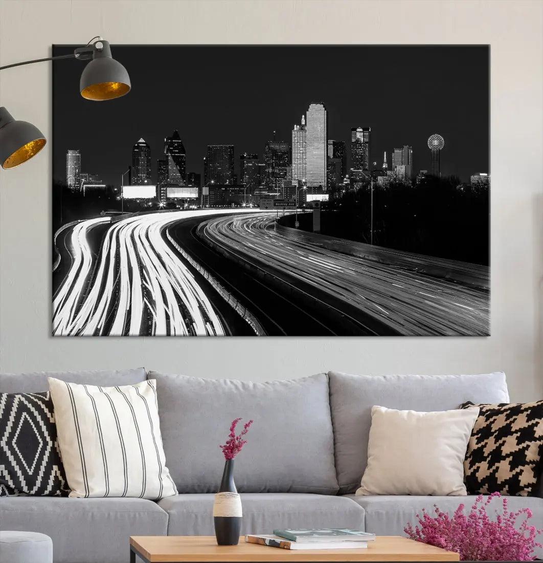 Black and White Dallas Skyline Canvas Wall Art Cityscape Print Framed