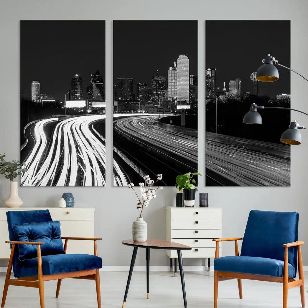 Black and White Dallas Skyline Canvas Wall Art Cityscape Print Framed