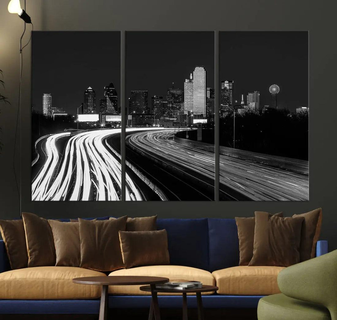 Black and White Dallas Skyline Canvas Wall Art Cityscape Print Framed