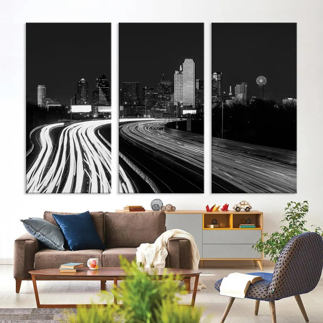 Black and White Dallas Skyline Canvas Wall Art Cityscape Print Framed