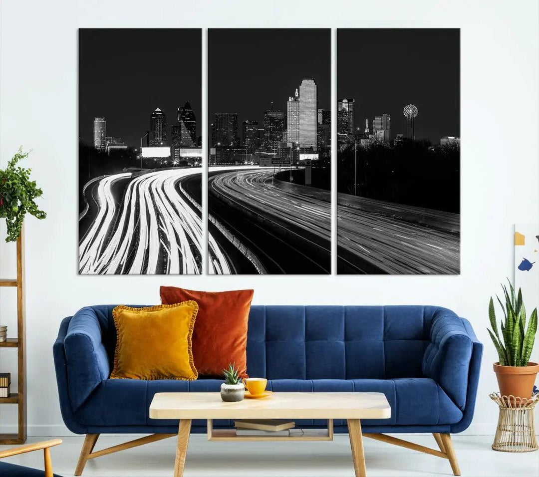 Black and White Dallas Skyline Canvas Wall Art Cityscape Print Framed