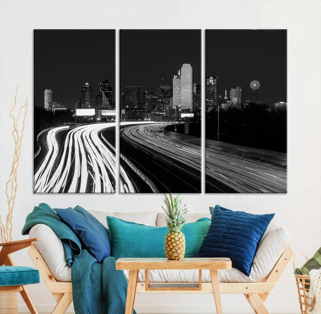 Black and White Dallas Skyline Canvas Wall Art Cityscape Print Framed