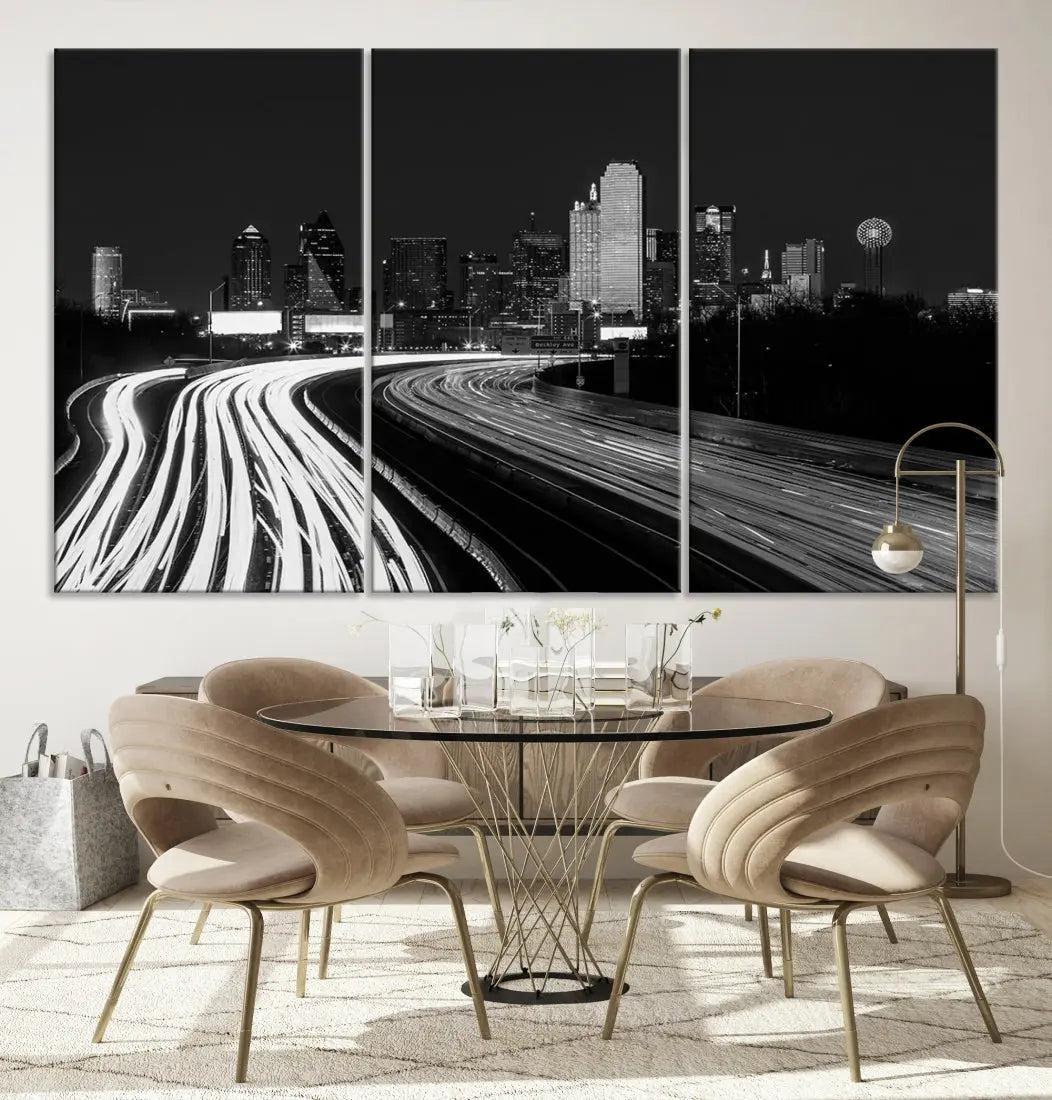 Black and White Dallas Skyline Canvas Wall Art Cityscape Print Framed