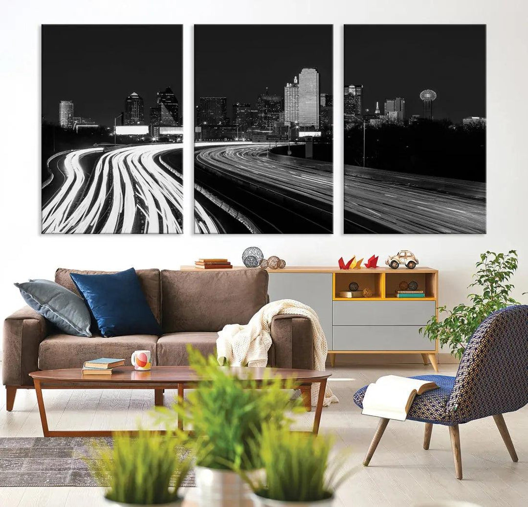 Black and White Dallas Skyline Canvas Wall Art Cityscape Print Framed