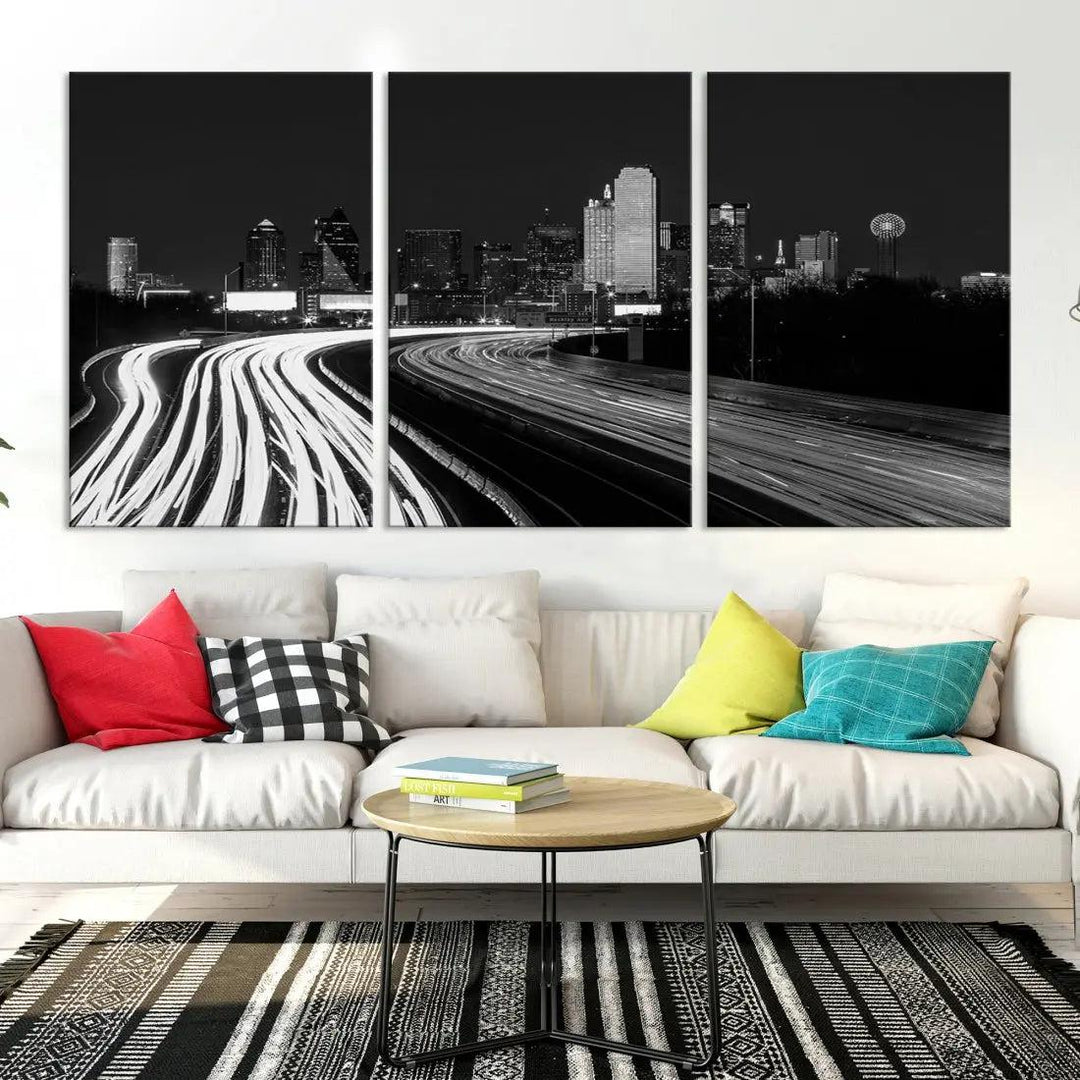 Black and White Dallas Skyline Canvas Wall Art Cityscape Print Framed