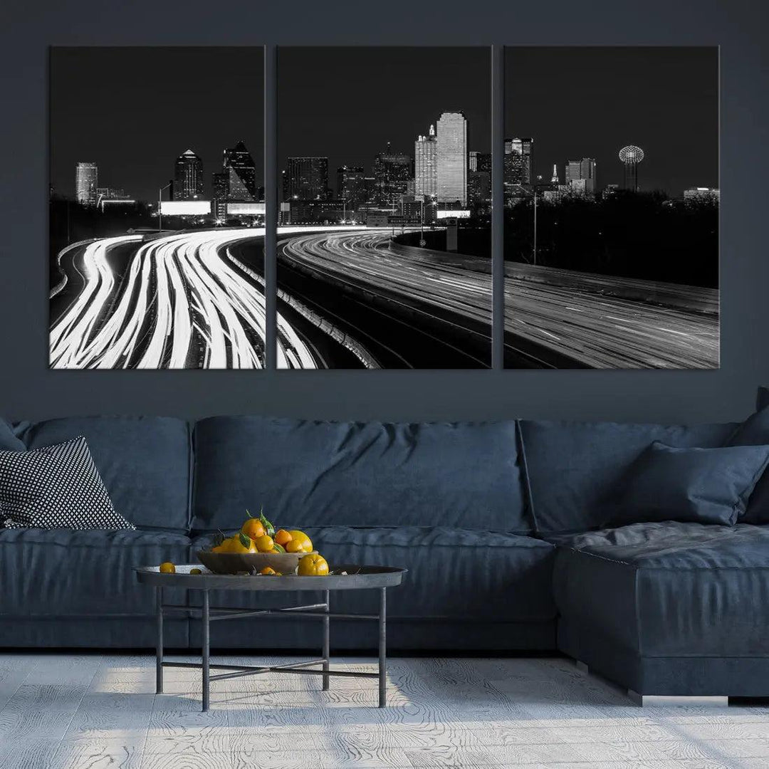 Black and White Dallas Skyline Canvas Wall Art Cityscape Print Framed