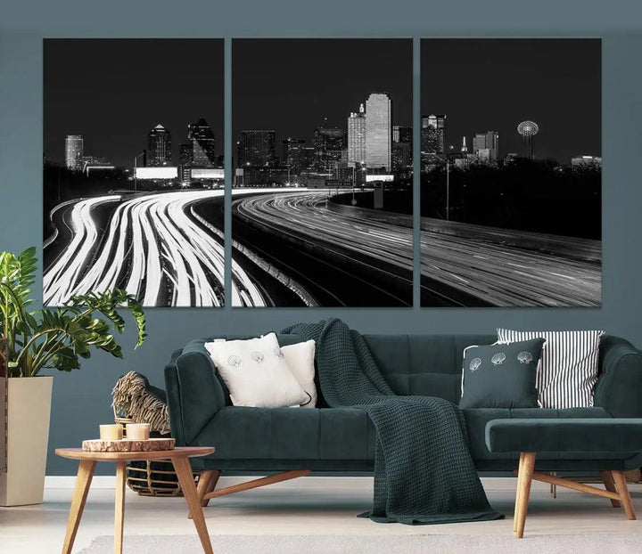 Black and White Dallas Skyline Canvas Wall Art Cityscape Print Framed