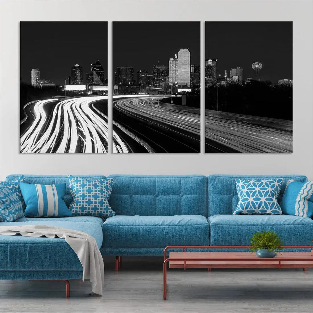 Black and White Dallas Skyline Canvas Wall Art Cityscape Print Framed