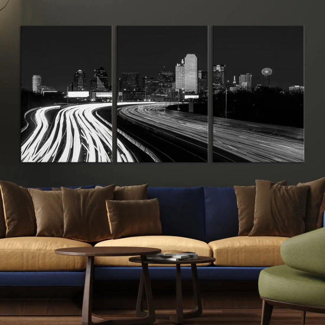 Black and White Dallas Skyline Canvas Wall Art Cityscape Print Framed