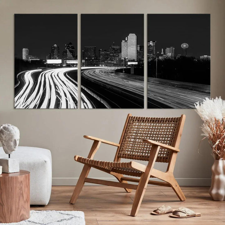 Black and White Dallas Skyline Canvas Wall Art Cityscape Print Framed