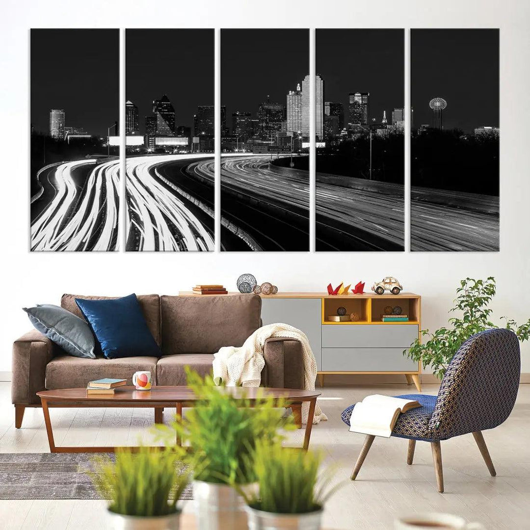 Black and White Dallas Skyline Canvas Wall Art Cityscape Print Framed