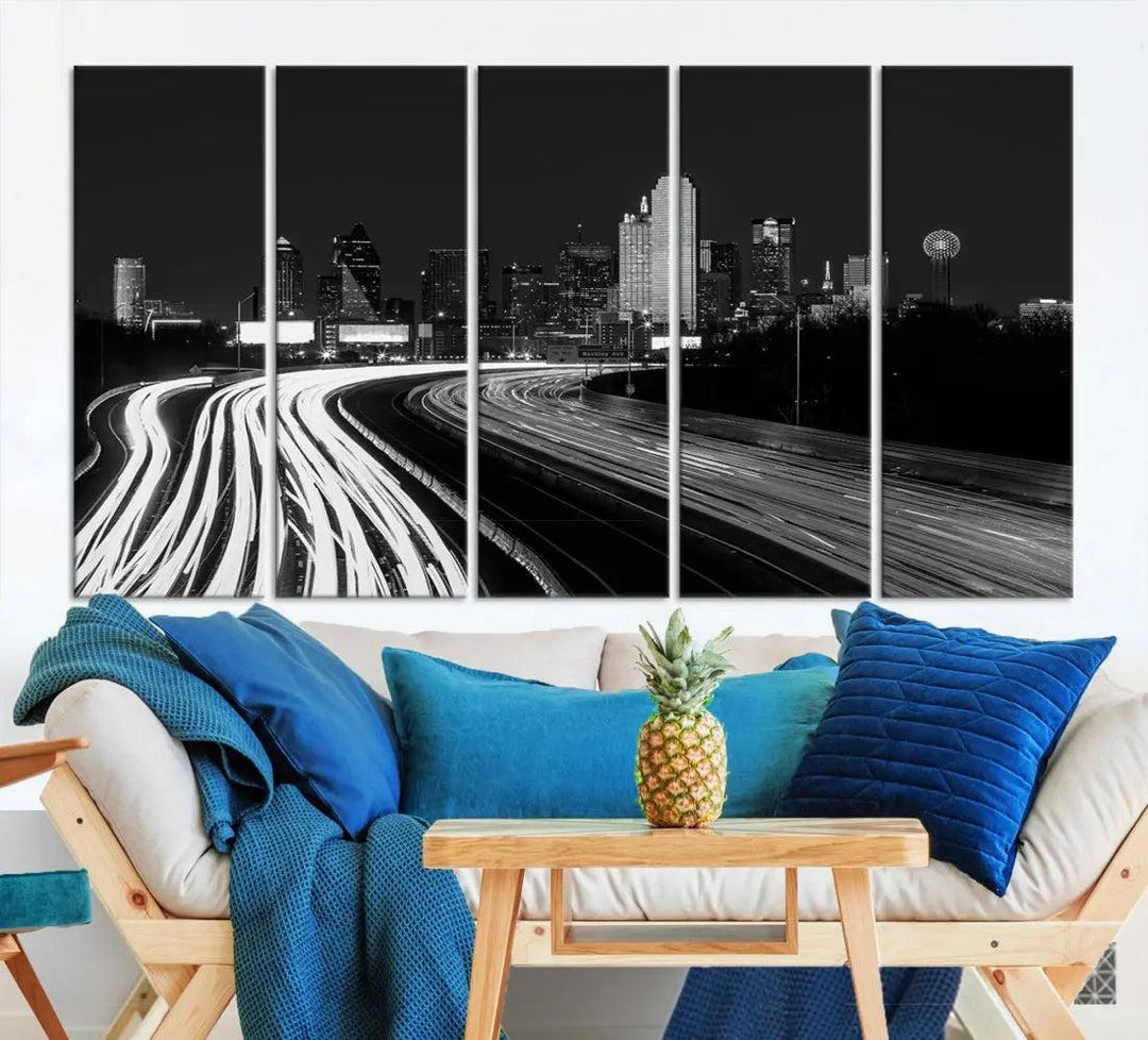 Black and White Dallas Skyline Canvas Wall Art Cityscape Print Framed