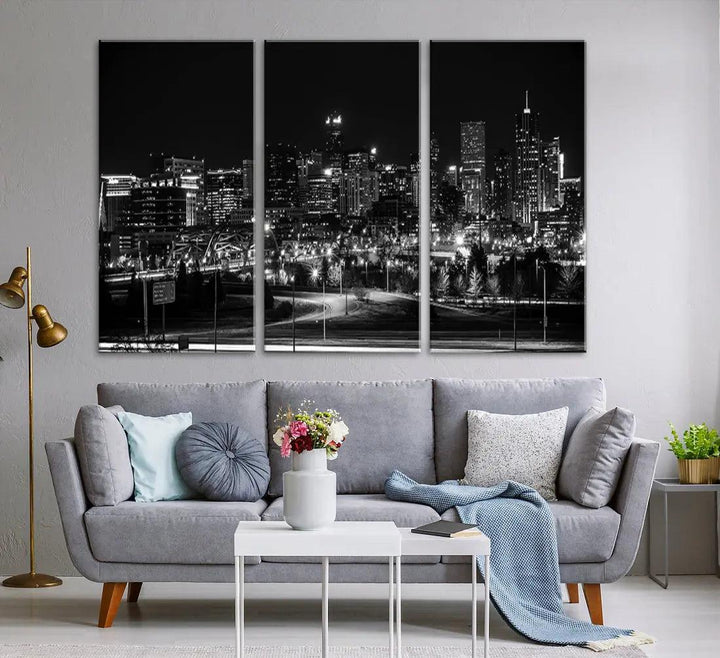 Black and White Denver Skyline Cityscape Canvas Print Wall Art Framed