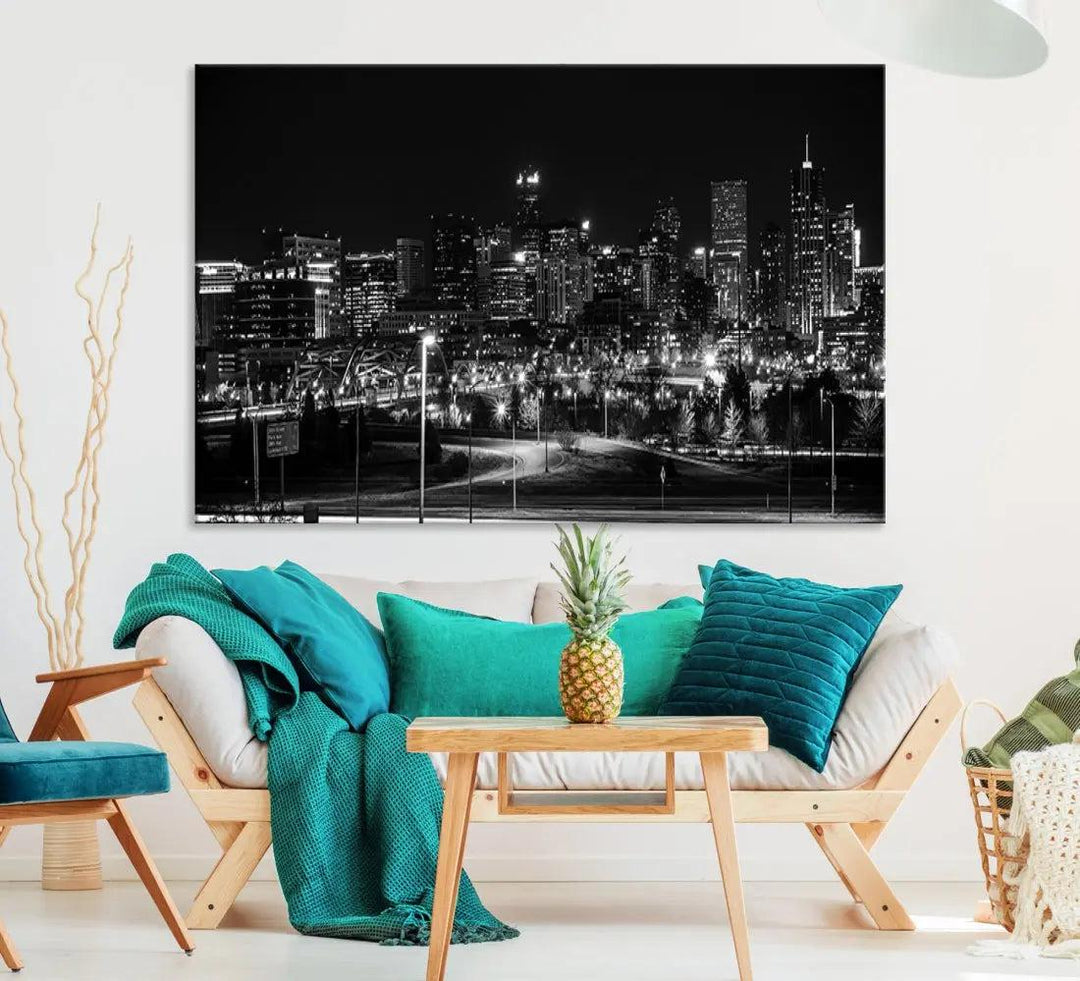 Black and White Denver Skyline Cityscape Canvas Print Wall Art Framed