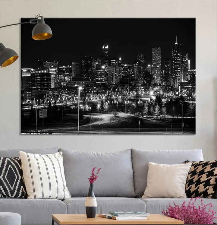 Black and White Denver Skyline Cityscape Canvas Print Wall Art Framed