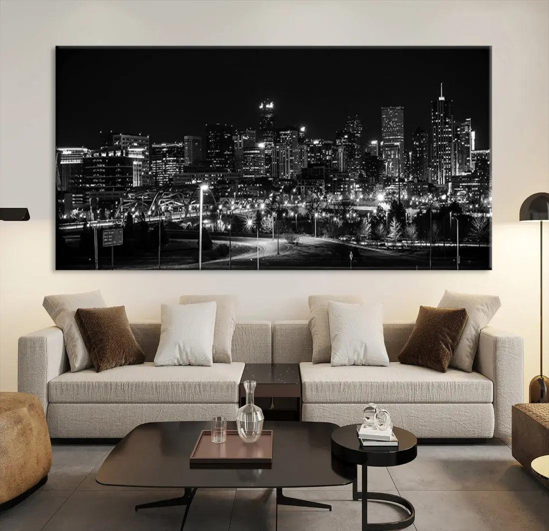 Black and White Denver Skyline Cityscape Canvas Print Wall Art Framed