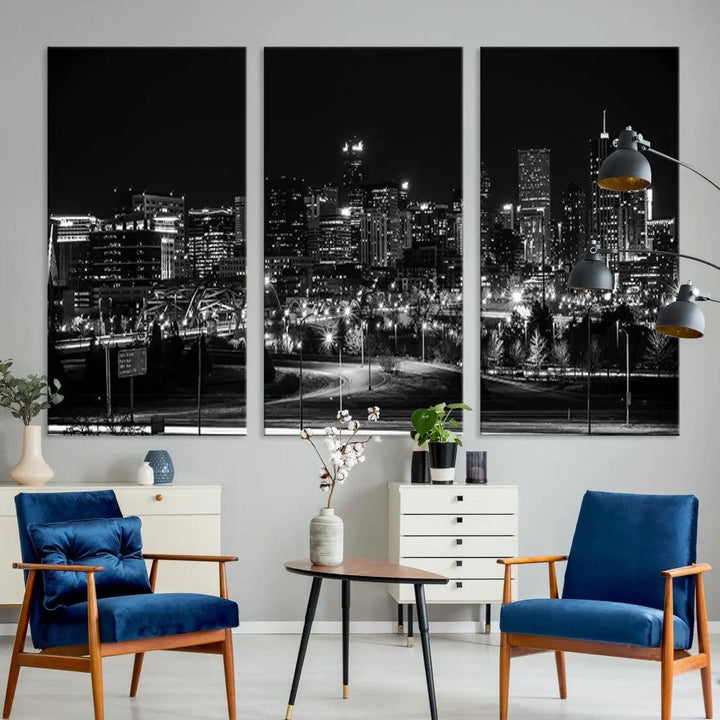 Black and White Denver Skyline Cityscape Canvas Print Wall Art Framed