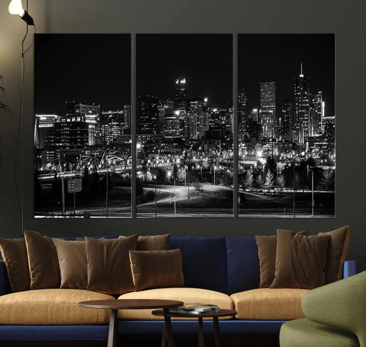 Black and White Denver Skyline Cityscape Canvas Print Wall Art Framed