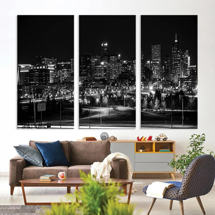 Black and White Denver Skyline Cityscape Canvas Print Wall Art Framed