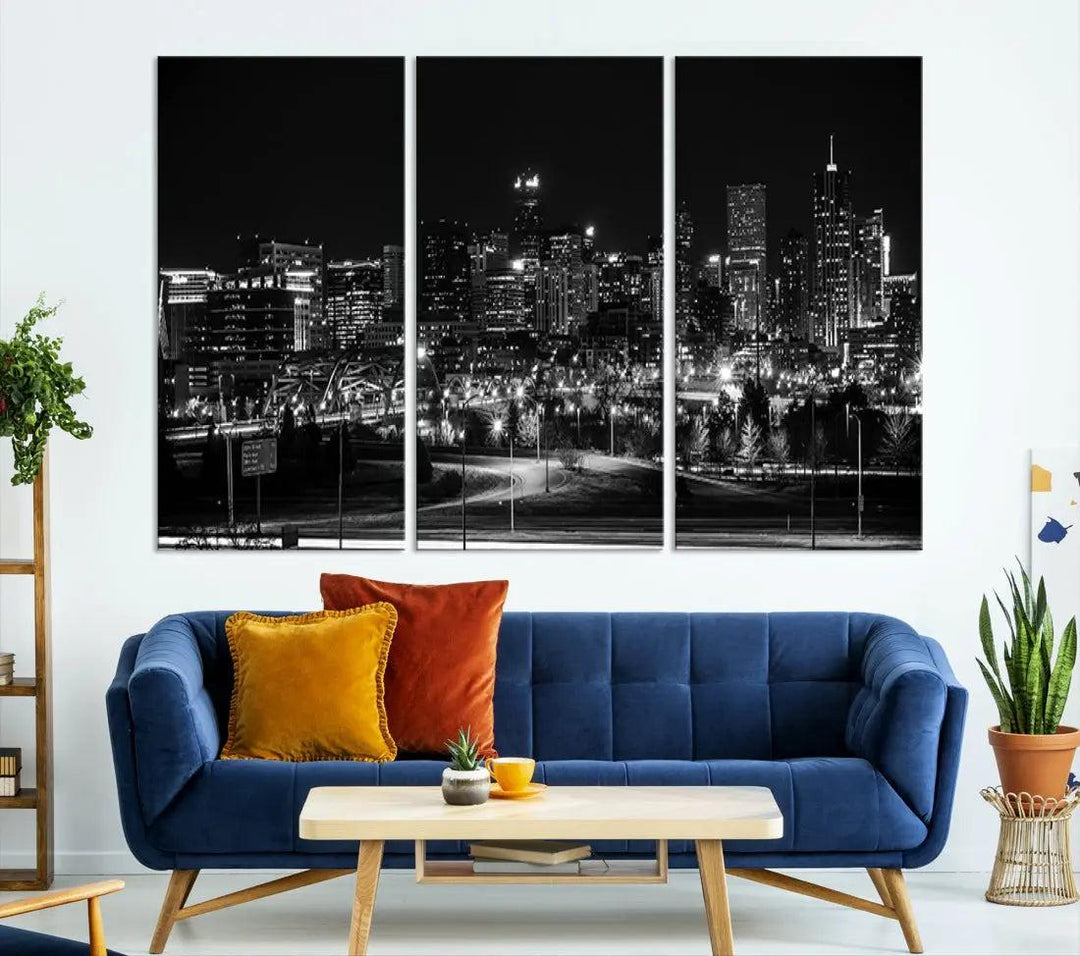 Black and White Denver Skyline Cityscape Canvas Print Wall Art Framed