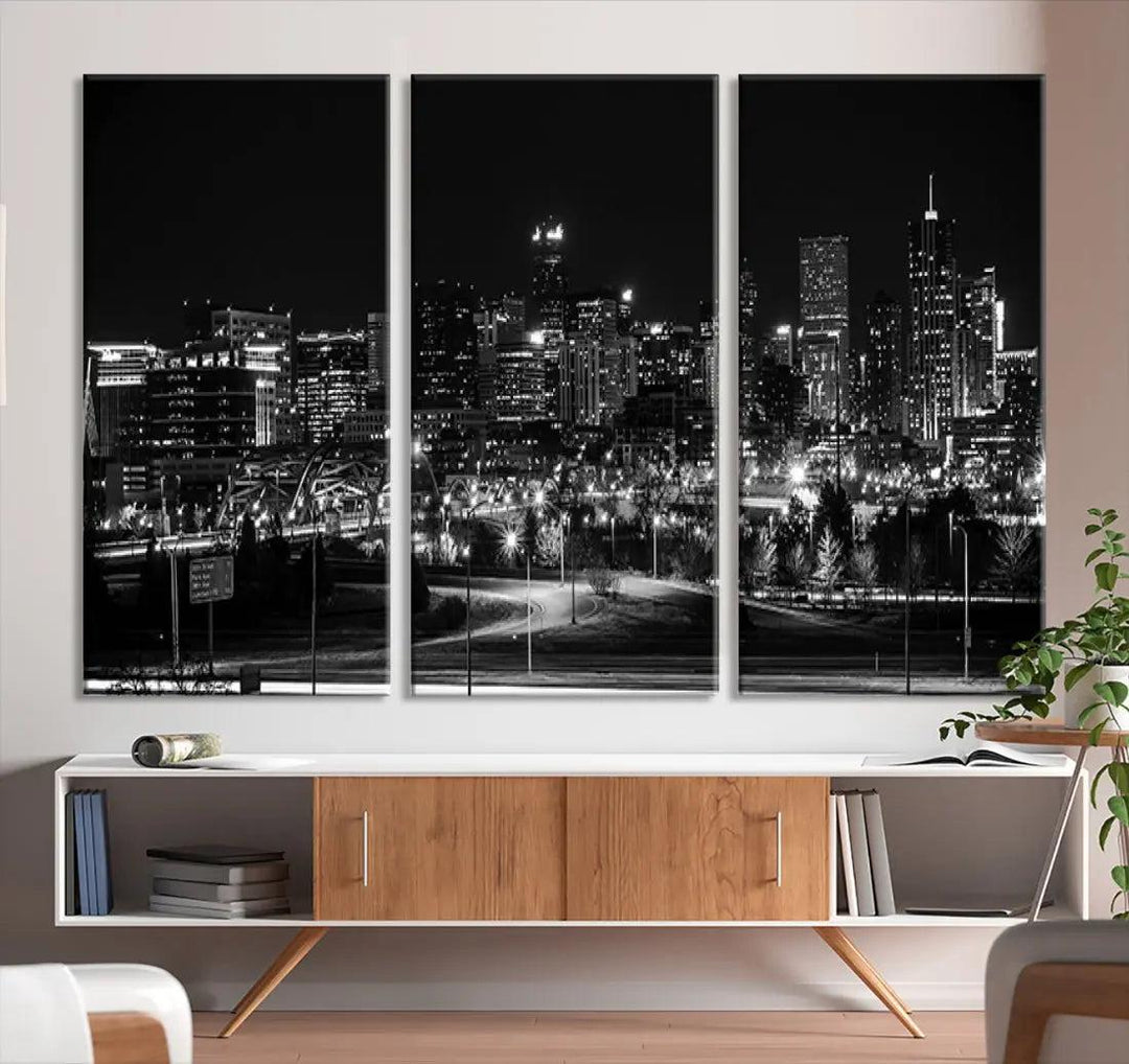 Black and White Denver Skyline Cityscape Canvas Print Wall Art Framed