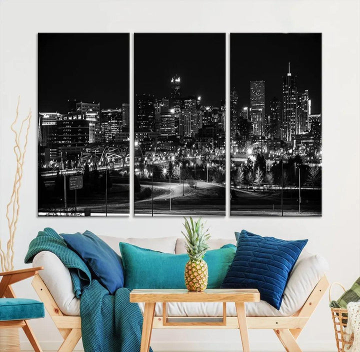 Black and White Denver Skyline Cityscape Canvas Print Wall Art Framed