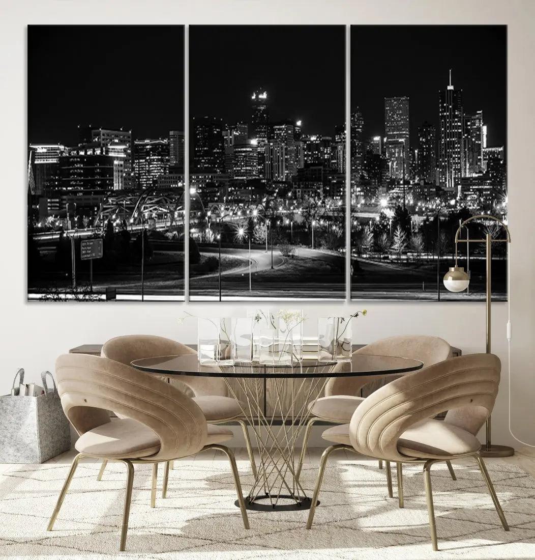 Black and White Denver Skyline Cityscape Canvas Print Wall Art Framed