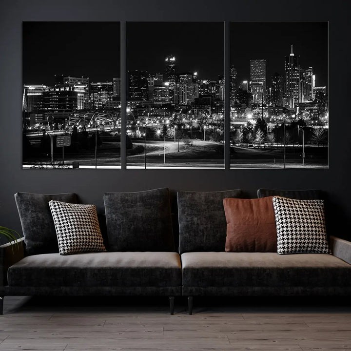 Black and White Denver Skyline Cityscape Canvas Print Wall Art Framed