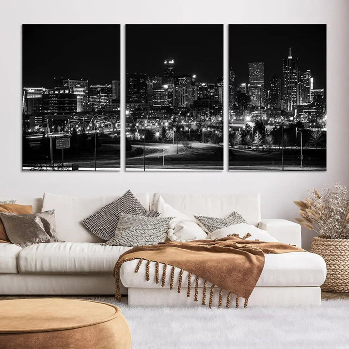 Black and White Denver Skyline Cityscape Canvas Print Wall Art Framed