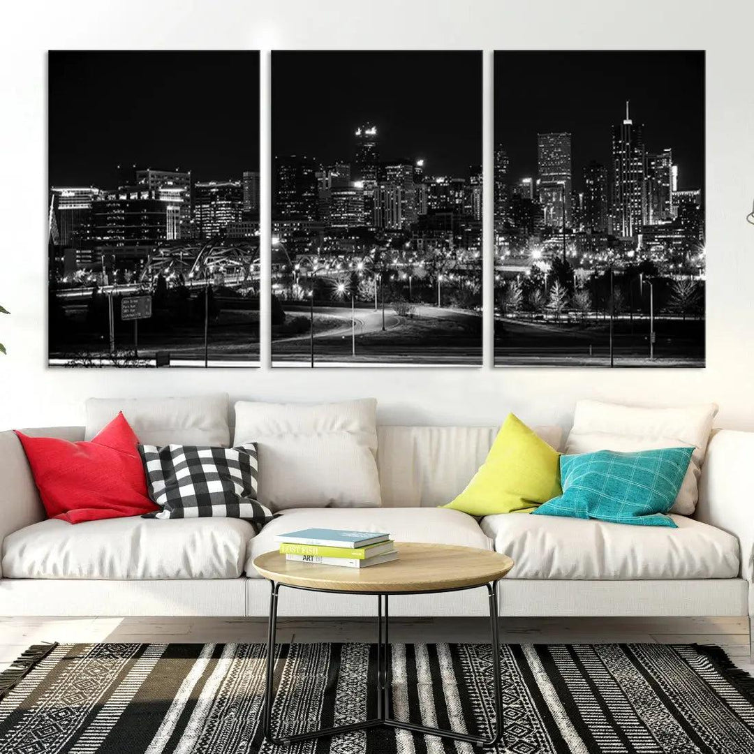 Black and White Denver Skyline Cityscape Canvas Print Wall Art Framed